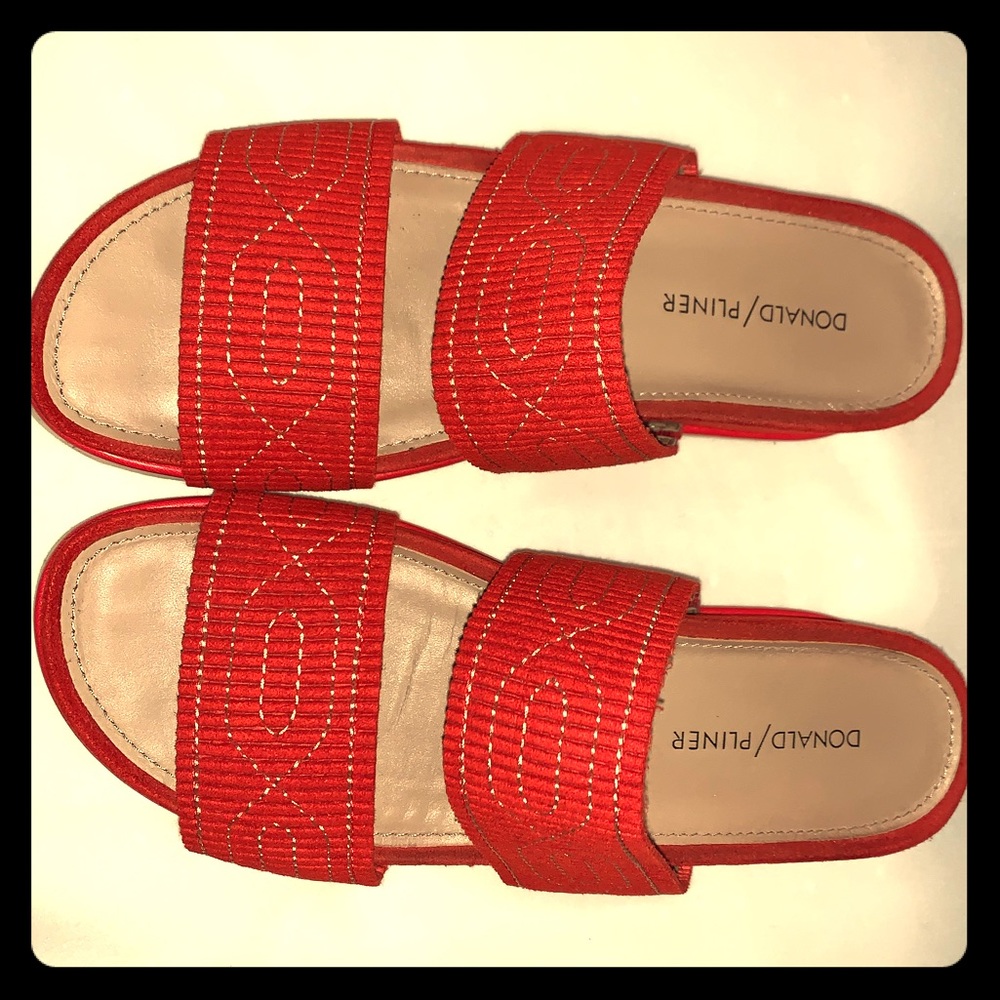 Red suede wedge sandals by Donald Pliner